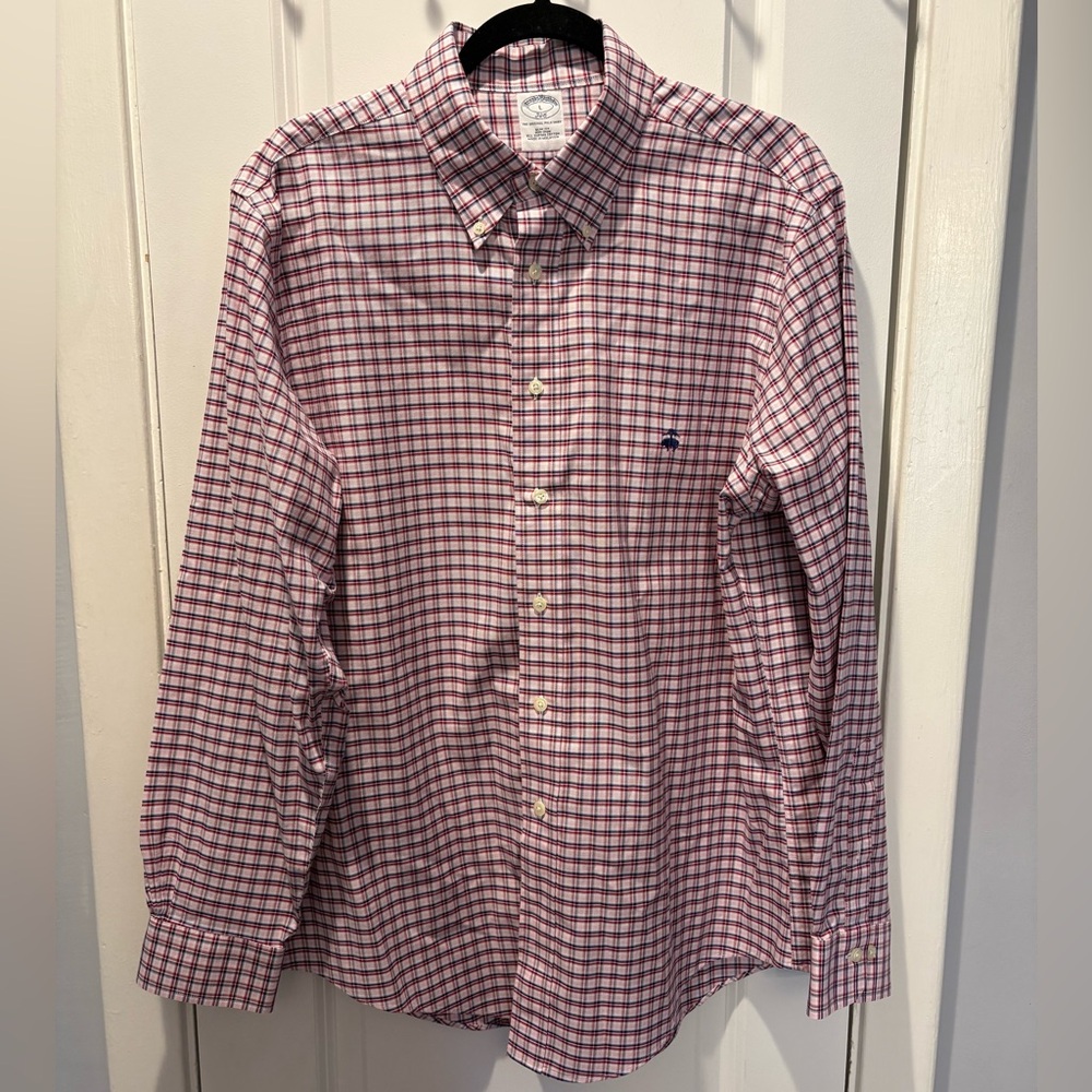 Men’s Brooks Brothers Pink Plaid Button Down 100% Cotton Non Iron Slim Fit Shirt